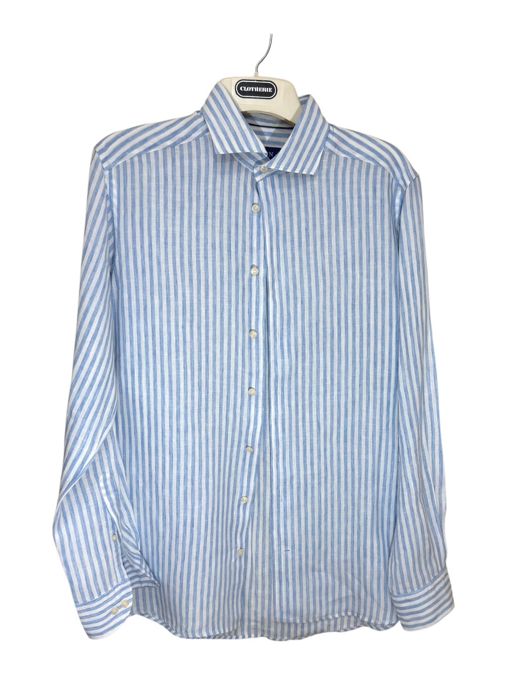 Eton Contemporary 100% Linen Blue White Stripe Shirt Men M 40 15 3/4